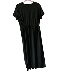 Elegant NEW Black knit Midi Dress XL drawstring waist, slash pockets, crew neck
